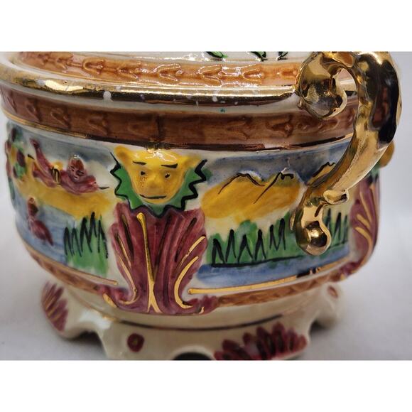 Bowl & Lid-Gold Trim-Japanese Inspired Summer Scenes-3D Embossed-Colorful-Footed - Picture 6 of 16